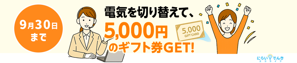 にらいでんきエコライフ　新規ご契約の方に5,000円のギフト券をプレゼント！